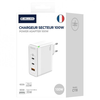 Adaptateur secteur Triple port 2X Usb-C + 1X Usb-A (100W) avec cable Usb-C/Type C vers Lightning JELLICO C118 blanc
