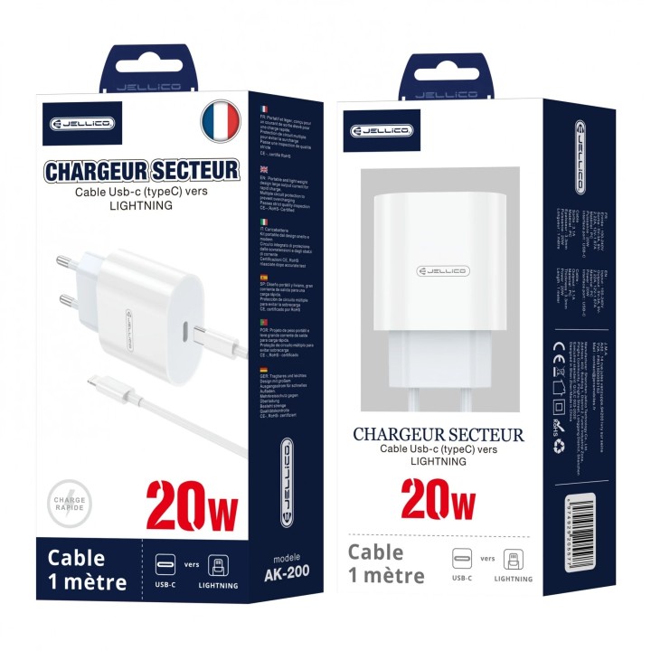 Adaptateur secteur Usb-C avec cable Usb-C/Type C vers Lightning (20W) JELLICO AK200 blanc