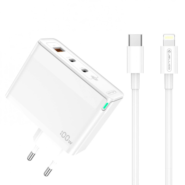 Adaptateur secteur Triple port 2X Usb-C + 1X Usb-A (100W) avec cable Usb-C/Type C vers Lightning JELLICO C118 blanc