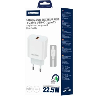 Adaptateur secteur Usb-A avec cable Usb-A vers Type C (22.5W) JELLICO AK165 blanc