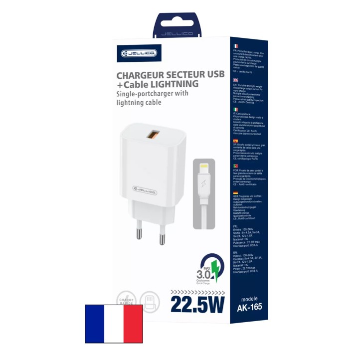 Adaptateur secteur Usb-A avec cable Usb-A vers Lightning (22.5W) JELLICO AK165 blanc