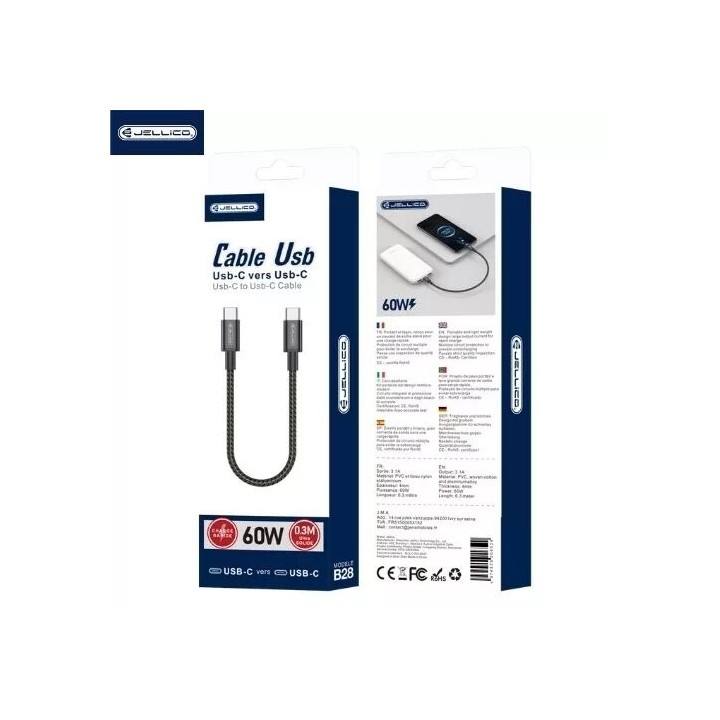 Cable Usb-C/Type C vers Usb-C/Type C (3.1A) 0.3 mètre JELLICO B28 noir