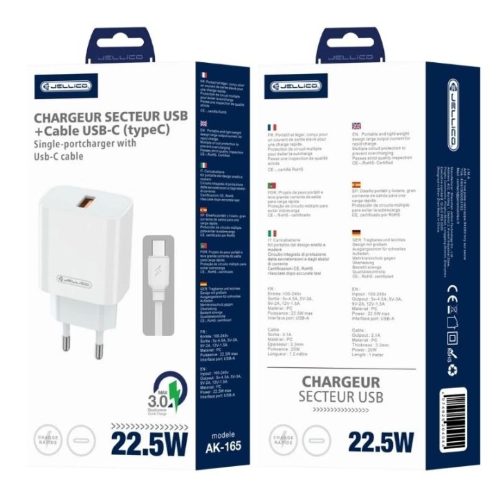 Adaptateur secteur Usb-A avec cable Usb-A vers Type C (22.5W) JELLICO AK165 blanc