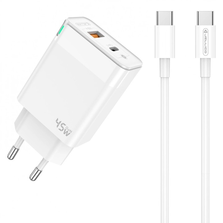 Adaptateur secteur Double port 1X Usb-C + 1X Usb-A (45W) avec cable Usb-C/Type C vers Type C JELLICO C107 blanc