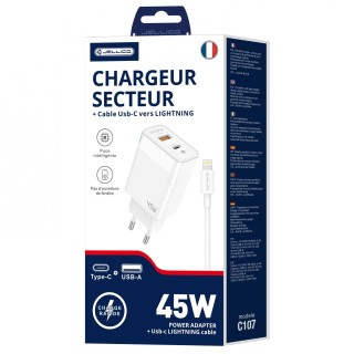 Adaptateur secteur Double port 1X Usb-C + 1X Usb-A (45W) avec cable Usb-C/Type C vers Lightning JELLICO C107 blanc