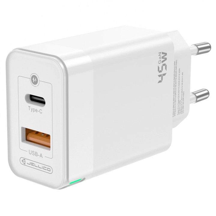 Adaptateur secteur Double port 1X Usb-C + 1X Usb-A (45W) avec cable Usb-C/Type C vers Type C JELLICO C107 blanc