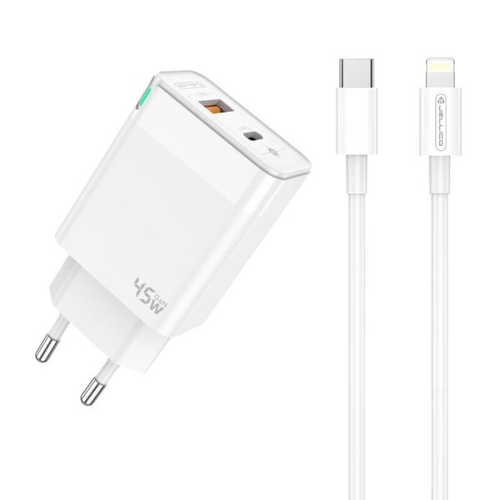 Adaptateur secteur Double port 1X Usb-C + 1X Usb-A (45W) avec cable Usb-C/Type C vers Lightning JELLICO C107 blanc