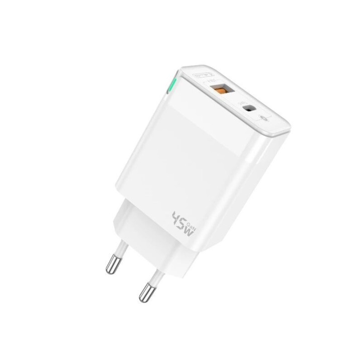 Adaptateur secteur Double port 1X Usb-C + 1X Usb-A (45W) avec cable Usb-C/Type C vers Lightning JELLICO C107 blanc