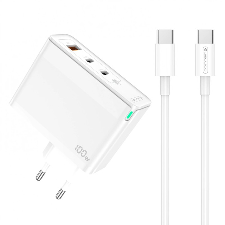 Adaptateur secteur Triple port 2X Usb-C + 1X Usb-A (100W) avec cable Usb-C/Type C vers Type C JELLICO C118 blanc