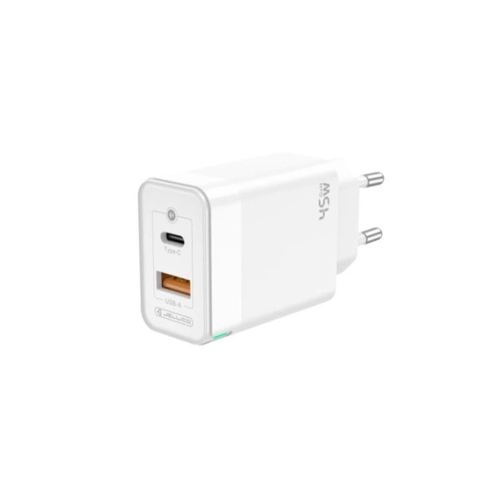 Adaptateur secteur Double port 1X Usb-C + 1X Usb-A (45W) avec cable Usb-C/Type C vers Lightning JELLICO C107 blanc