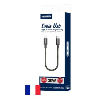 Cable Usb-C/Type C vers Lightning (3.1A) 0.3 mètre JELLICO B28 noir