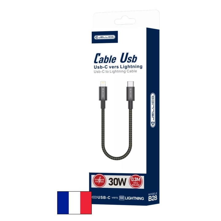 Cable Usb-C/Type C vers Lightning (3.1A) 0.3 mètre JELLICO B28 noir