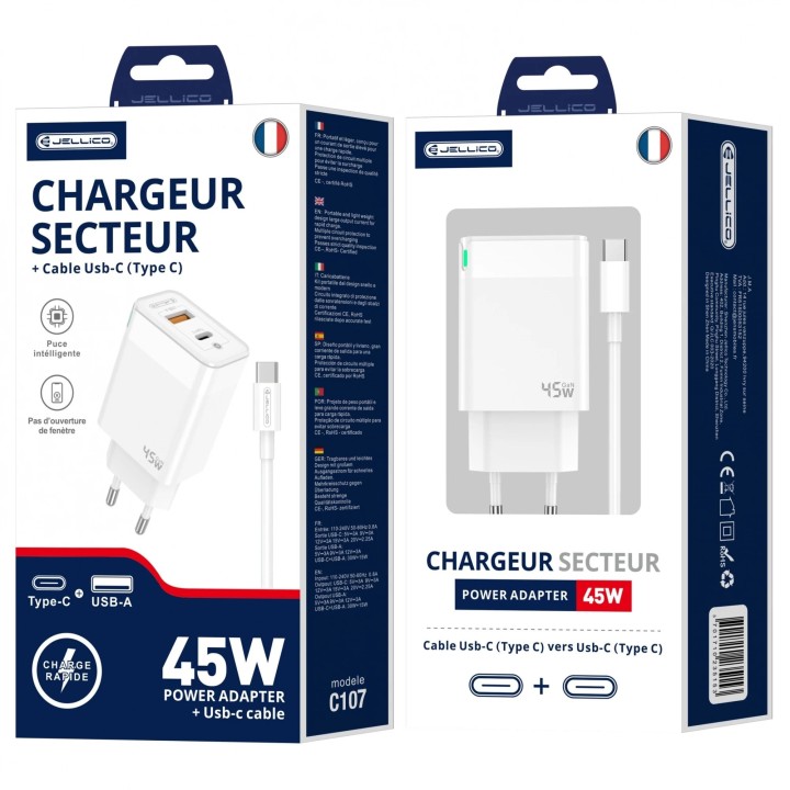 Adaptateur secteur Double port 1X Usb-C + 1X Usb-A (45W) avec cable Usb-C/Type C vers Type C JELLICO C107 blanc
