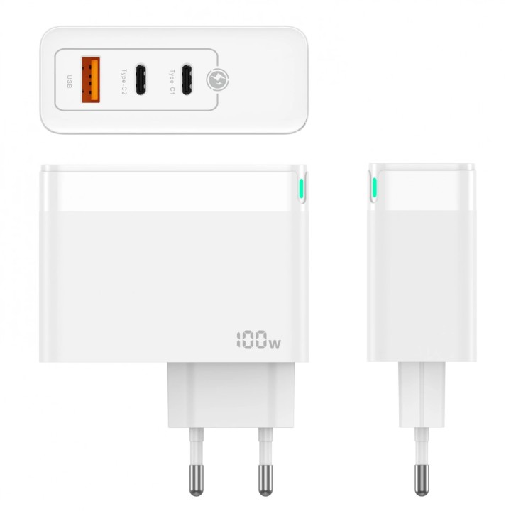 Adaptateur secteur Triple port 2X Usb-C + 1X Usb-A (100W) avec cable Usb-C/Type C vers Type C JELLICO C118 blanc
