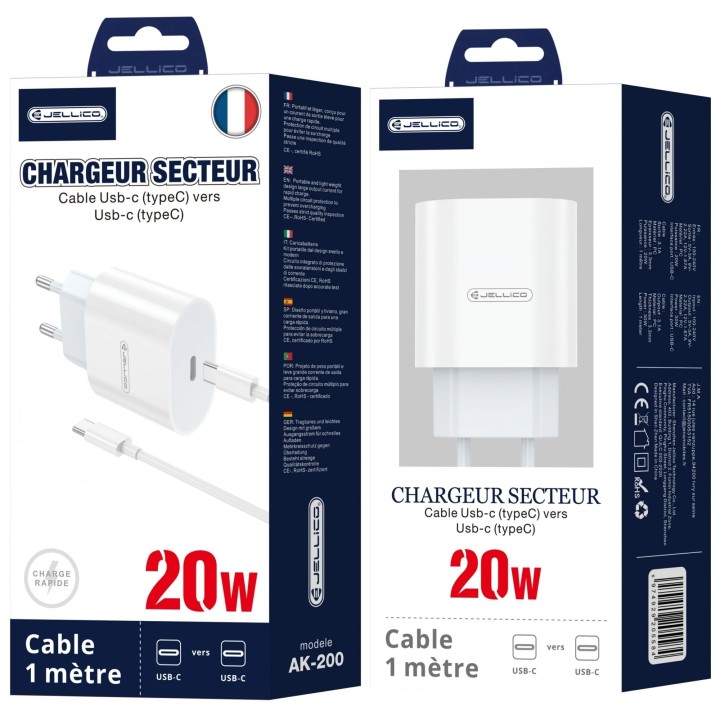Adaptateur secteur Usb-C avec cable Usb-C/Type C vers Type C (20W) JELLICO AK200 blanc