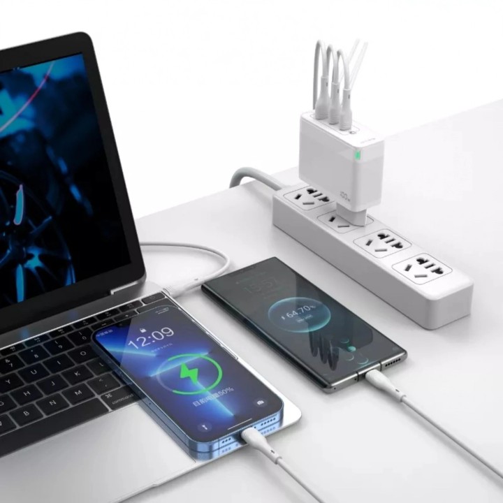 Adaptateur secteur Triple port 2X Usb-C + 1X Usb-A (100W) avec cable Usb-C/Type C vers Type C JELLICO C118 blanc