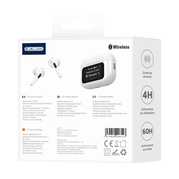 Ecouteurs sans fil bluetooth avec écran tactile JELLICO AirBlue Pro 3 blanc