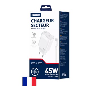Adaptateur secteur Usb-C avec cable Usb-C/Type C vers Type C (45W) JELLICO C105 blanc