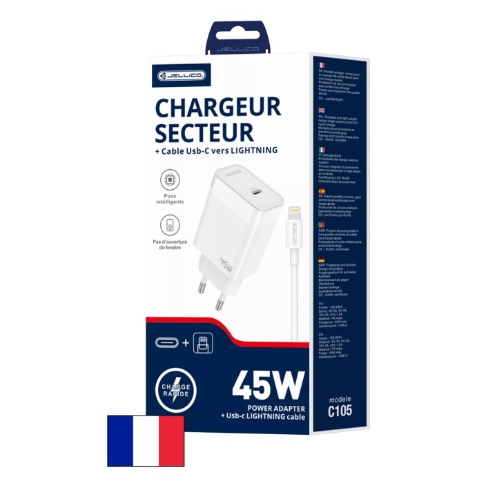 Adaptateur secteur Usb-C avec cable Usb-C/Type C vers Lightning (45W) JELLICO C105 blanc