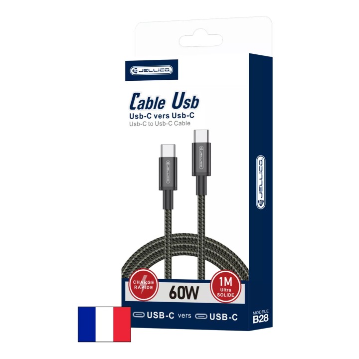 Cable Usb-C/Type C vers Usb-C/Type C (3.1A) 1 mètre JELLICO B28 noir