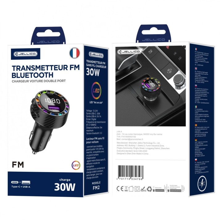 Adaptateur allume cigare bluetooth et transmetteur FM USB-A X2 voiture (3.1A) JELLICO FM2 noir