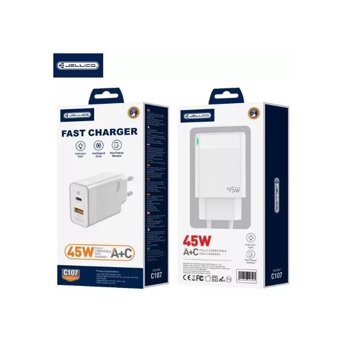Adaptateur secteur Double port 1X USB-C + 1X USB-A (45W) JELLICO C107 blanc