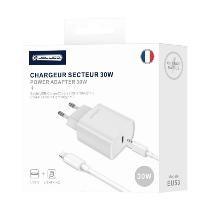 Adaptateur secteur Usb-C avec cable Usb-C/Type C vers Lightning (30W) JELLICO EU53