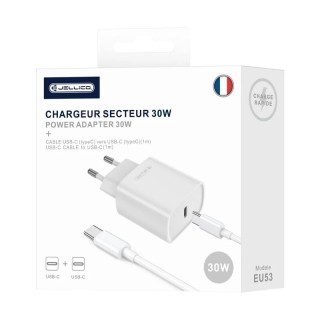 Adaptateur secteur Usb-C avec cable Usb-C/Type C vers Usb-C/Type C (30W) JELLICO EU53 Blanc