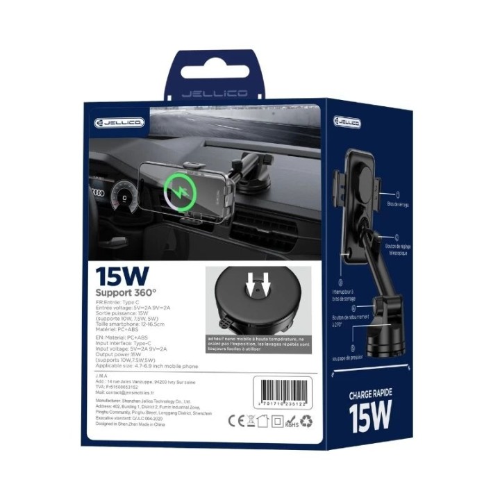 Support voiture chargeur sans fil JELLICO W20 noir