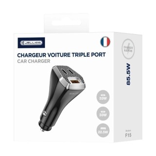 Chargeur voiture triple port 2X USB-C + 1X USB (85.5W) JELLICO F15 noir