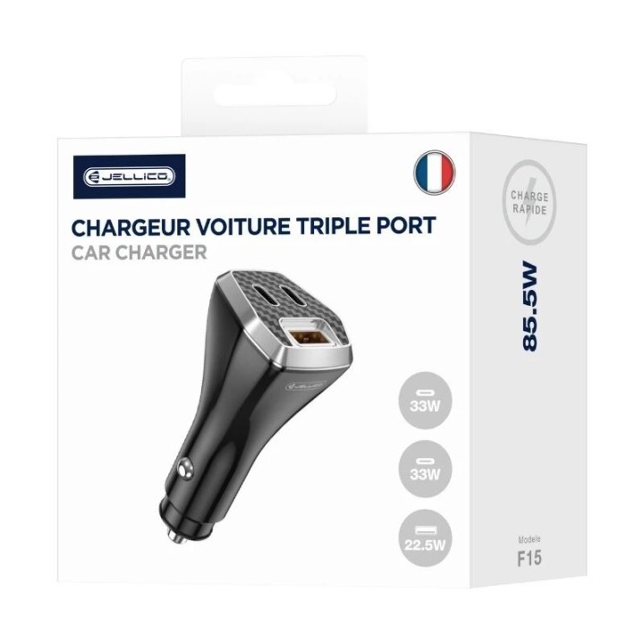 Chargeur voiture triple port 2X USB-C + 1X USB (85.5W) JELLICO F15 noir