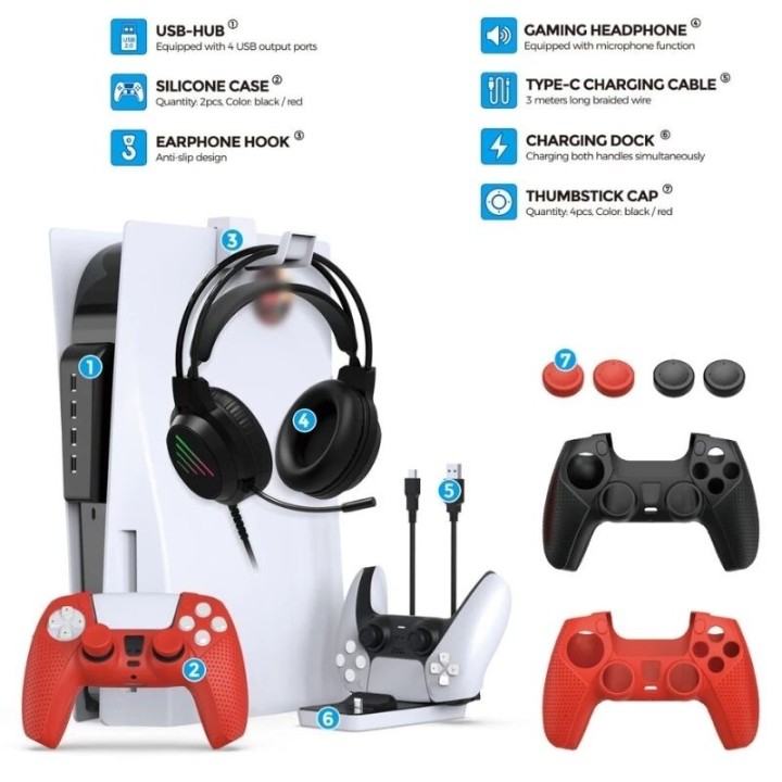 Station de charge 8 en 1, housse silicone, hub usb, câble, support pour PlayStation 5 / PS5 DOBE TP5-35118