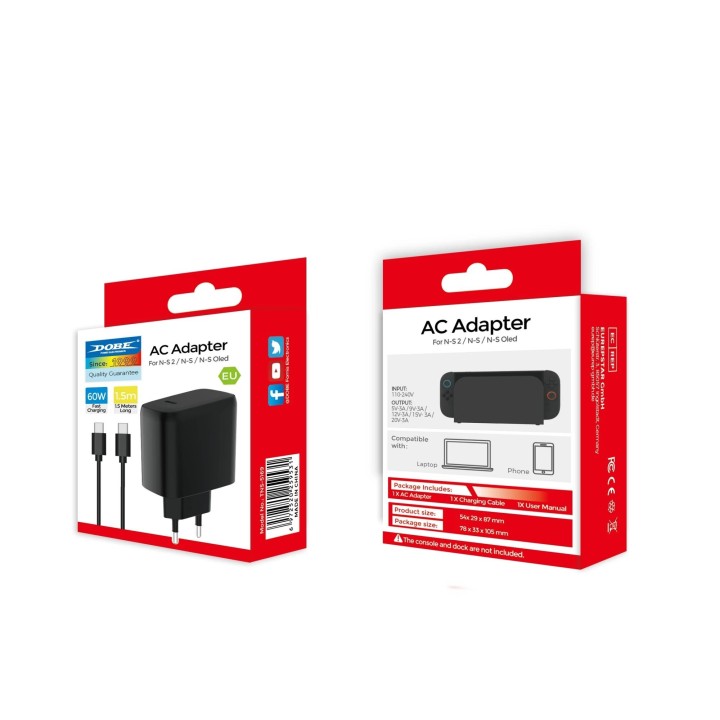 Adaptateur secteur Usb-C/Type C avec cable Usb-C/Type C pour Nintendo Switch / Nintendo Switch 2 et autres DOBE TNS-5169 noir