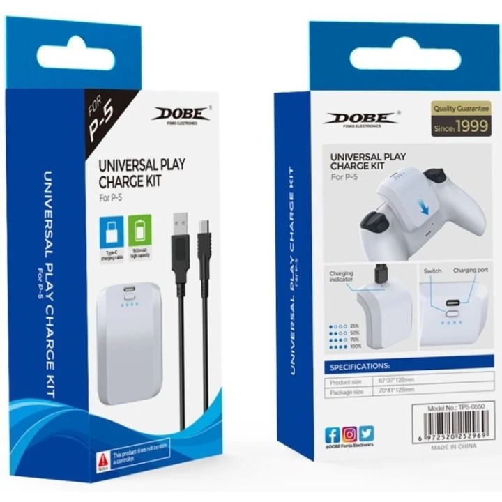 Batterie Externe avec cable USB vers USB-C/Type C 1500 mAh pour manette PlayStation 5 DOBE TP5-0550 blanc