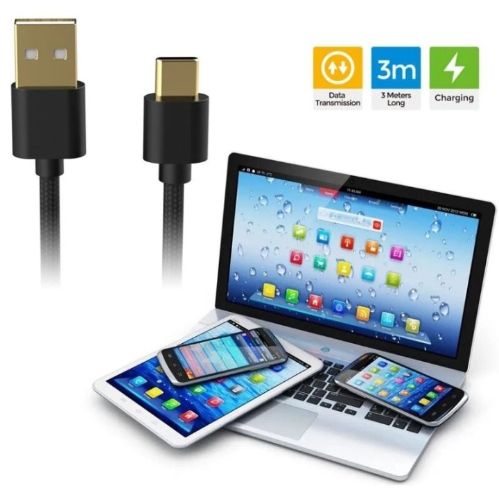 Cable de charge tressé USB vers USB-C/Type C 3 mètres pour PlayStation 5 / Nintendo Switch et autres DOBE TP5-3585 noir