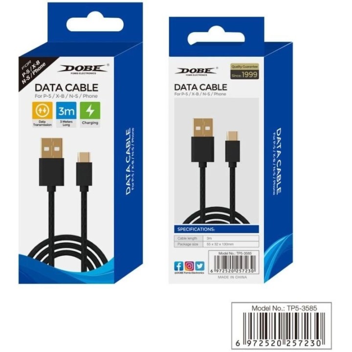 Cable de charge tressé USB vers USB-C/Type C 3 mètres pour PlayStation 5 / Nintendo Switch et autres DOBE TP5-3585 noir