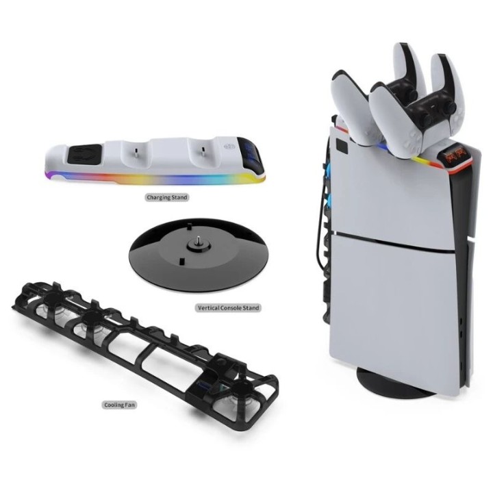Station de charge 3 en 1 pour PlayStation 5 Slim / PS5 Slim avec ventilateur de refroidissement, disque support vertical et stat