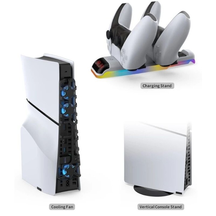 Station de charge 3 en 1 pour PlayStation 5 Slim / PS5 Slim avec ventilateur de refroidissement, disque support vertical et stat