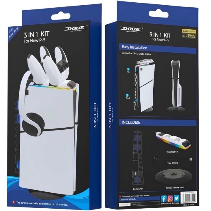 Station de charge 3 en 1 pour PlayStation 5 Slim / PS5 Slim avec ventilateur de refroidissement, disque support vertical et stat