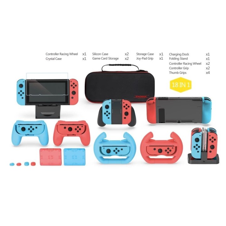 Kit d'accessoires 18 pcs station de charge, film et housse de protection, pochette de rangement pour Nintendo Switch DOBE TNS-21