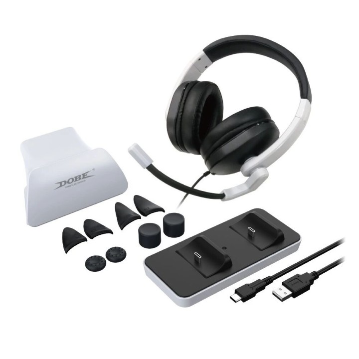 Kit d'accessoires 12 pcs casque audio, station de charge, protection et support manettes pour PlayStation 5 / PS5 DOBE TP5-0578B