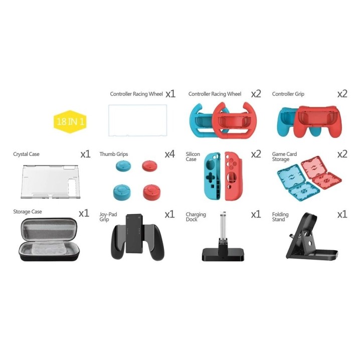 Kit d'accessoires 18 pcs station de charge, film et housse de protection, pochette de rangement pour Nintendo Switch DOBE TNS-21