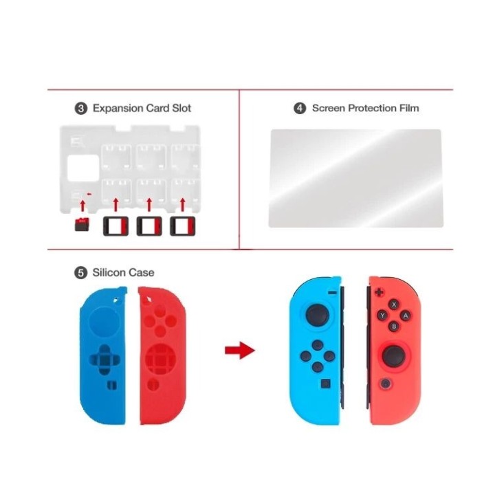 Kit d'accessoires housse de rangement, coque en silicone, film, capuchons pour Nintendo Switch DOBE TNS-1749