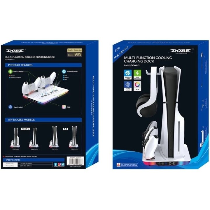 Support, station multifonction de refroidissement avec charge de 2 manettes pour PlayStation 5 / PS5 DOBE TP5-35103 blanc