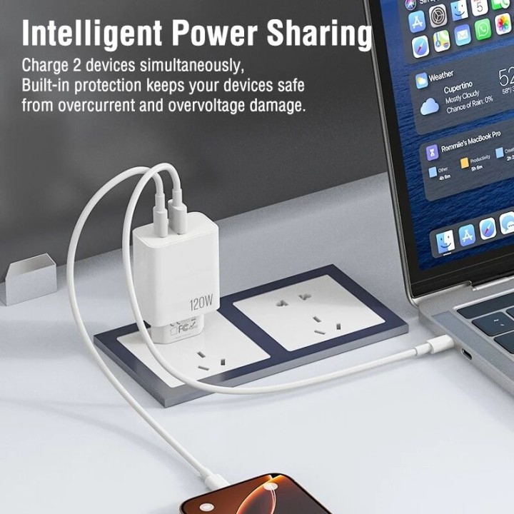 Adaptateur secteur double ports Usb et Usb-C/Type C (120W) avec cable Type C vers Usb-C JELLICO EC02 blanc