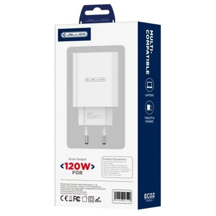 Adaptateur secteur double ports Usb et Usb-C/Type C (120W) avec cable Type C vers Usb-C JELLICO EC02 blanc