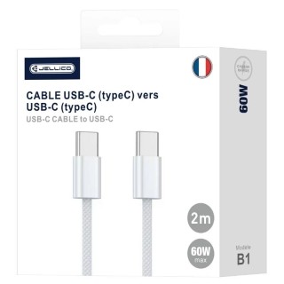Cable Usb-C vers USB-C/Type C (60W) 2 mètres en nylon tressé JELLICO B1 blanc