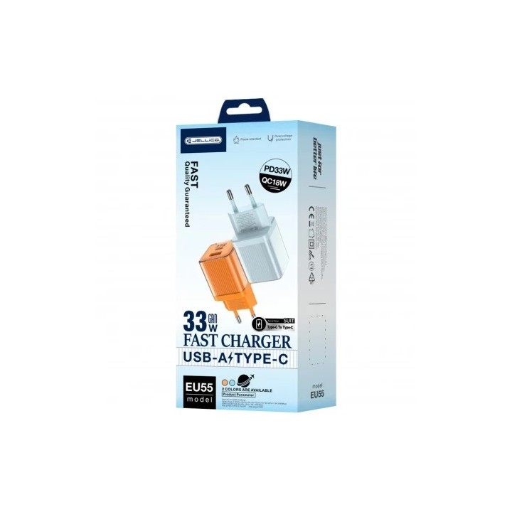 Adaptateur secteur double ports USB et USB-C/Type C (33W) avec cable Usb-C/Type C vers Lightning JELLICO EU55 orange