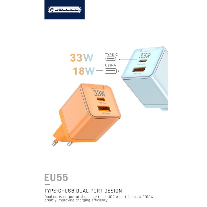 Adaptateur secteur double ports USB et USB-C/Type C (33W) avec cable Usb-C/Type C vers Lightning JELLICO EU55 orange