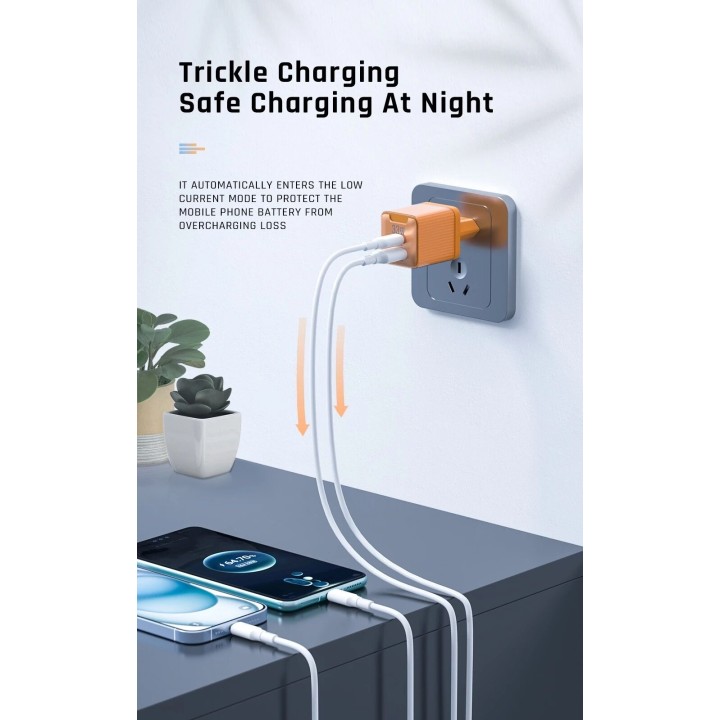 Adaptateur secteur double ports USB et USB-C/Type C (33W) avec cable Usb-C/Type C vers Lightning JELLICO EU55 orange